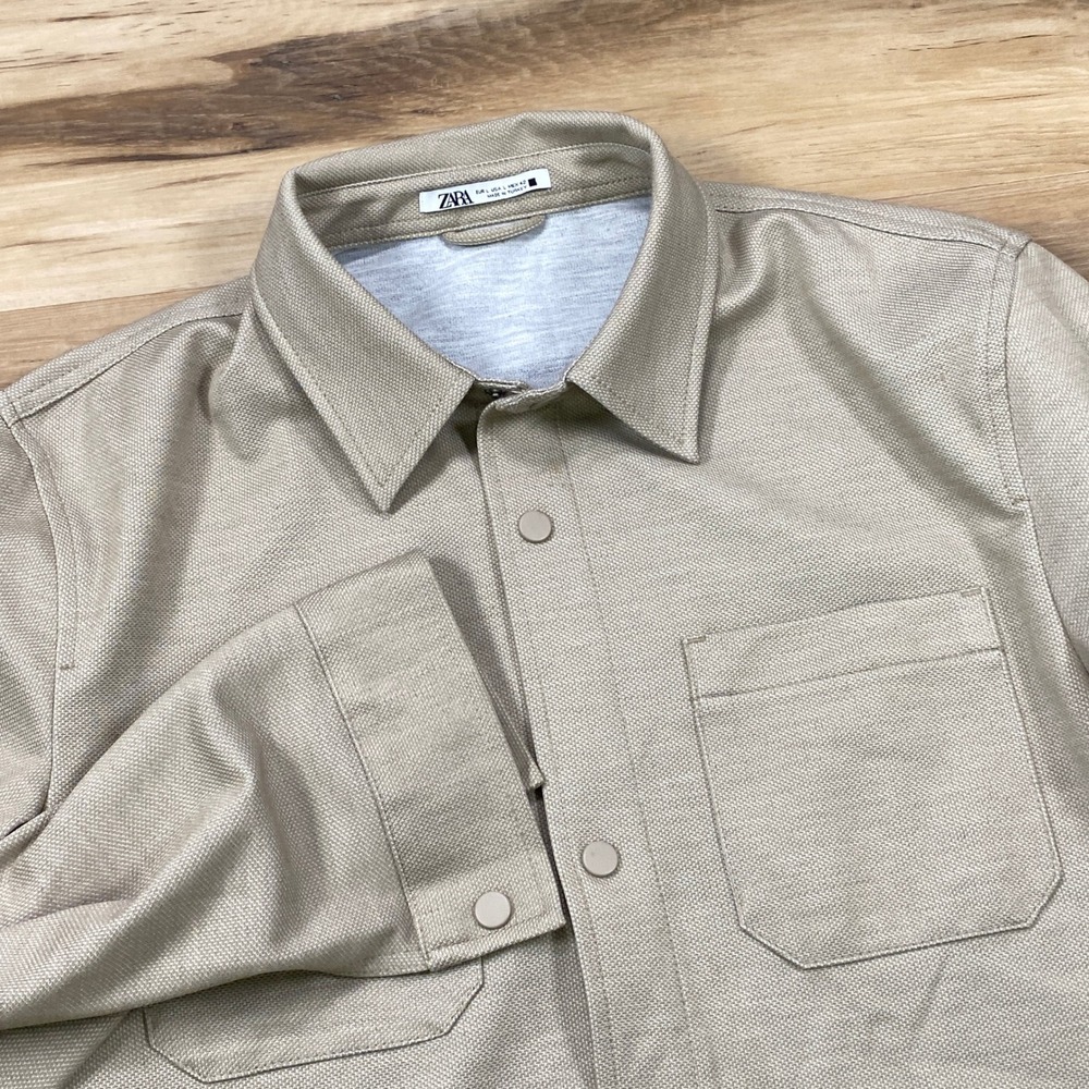 Zara Overshirt Mens Large Minimalist Textured Shacket Tan Beige Workwear Shirt
